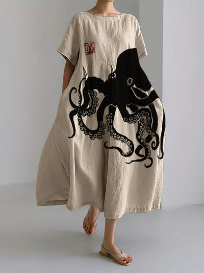 Gabriella - langes kleid aus halbleinen mit japanischem muster aus octopus-leinen