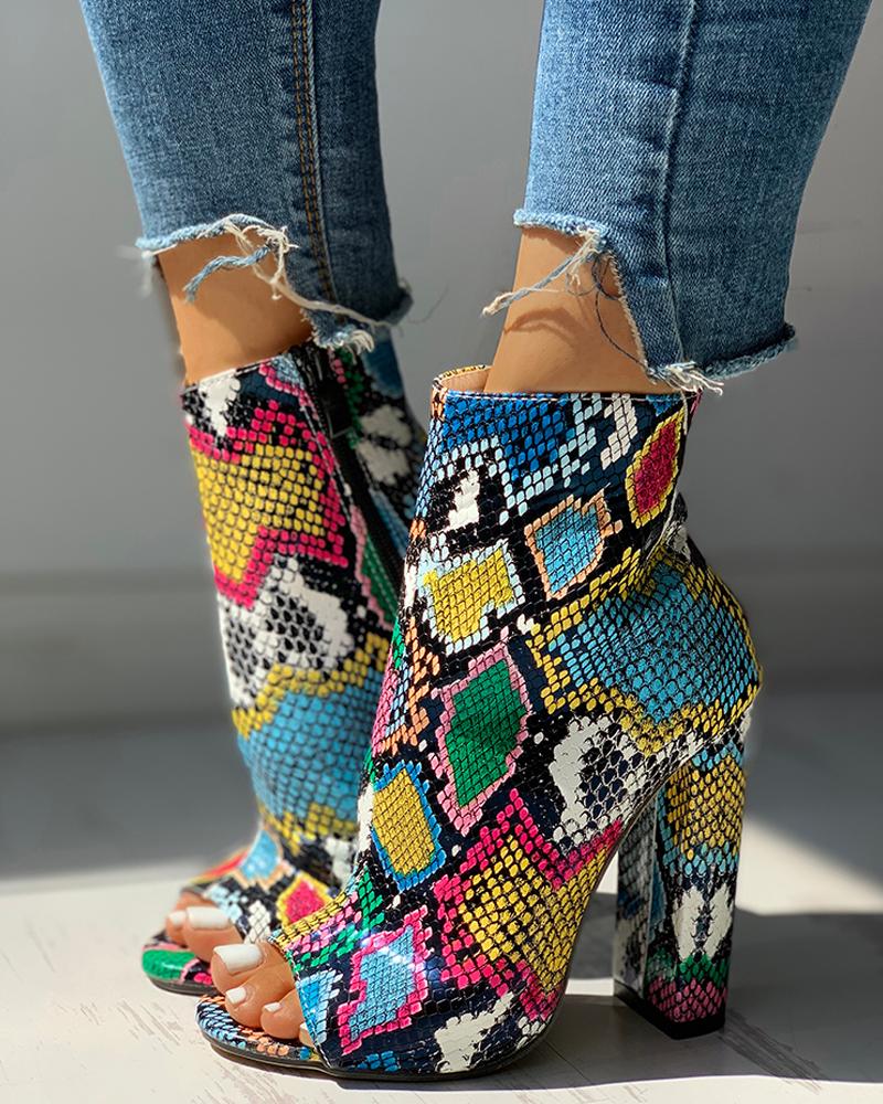 Bunte Chunky-Absatzstiefel aus Schlangenleder