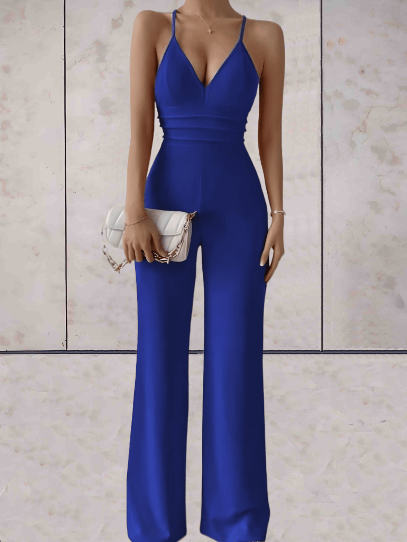 Camille - Eleganter und schicker Jumpsuit, V-Ausschnitt, ärmellos, Rückenfreies Design mit weitem Bein