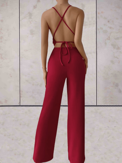 Camille - Eleganter und schicker Jumpsuit, V-Ausschnitt, ärmellos, Rückenfreies Design mit weitem Bein