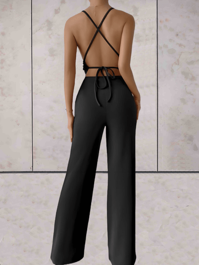 Camille - Eleganter und schicker Jumpsuit, V-Ausschnitt, ärmellos, Rückenfreies Design mit weitem Bein