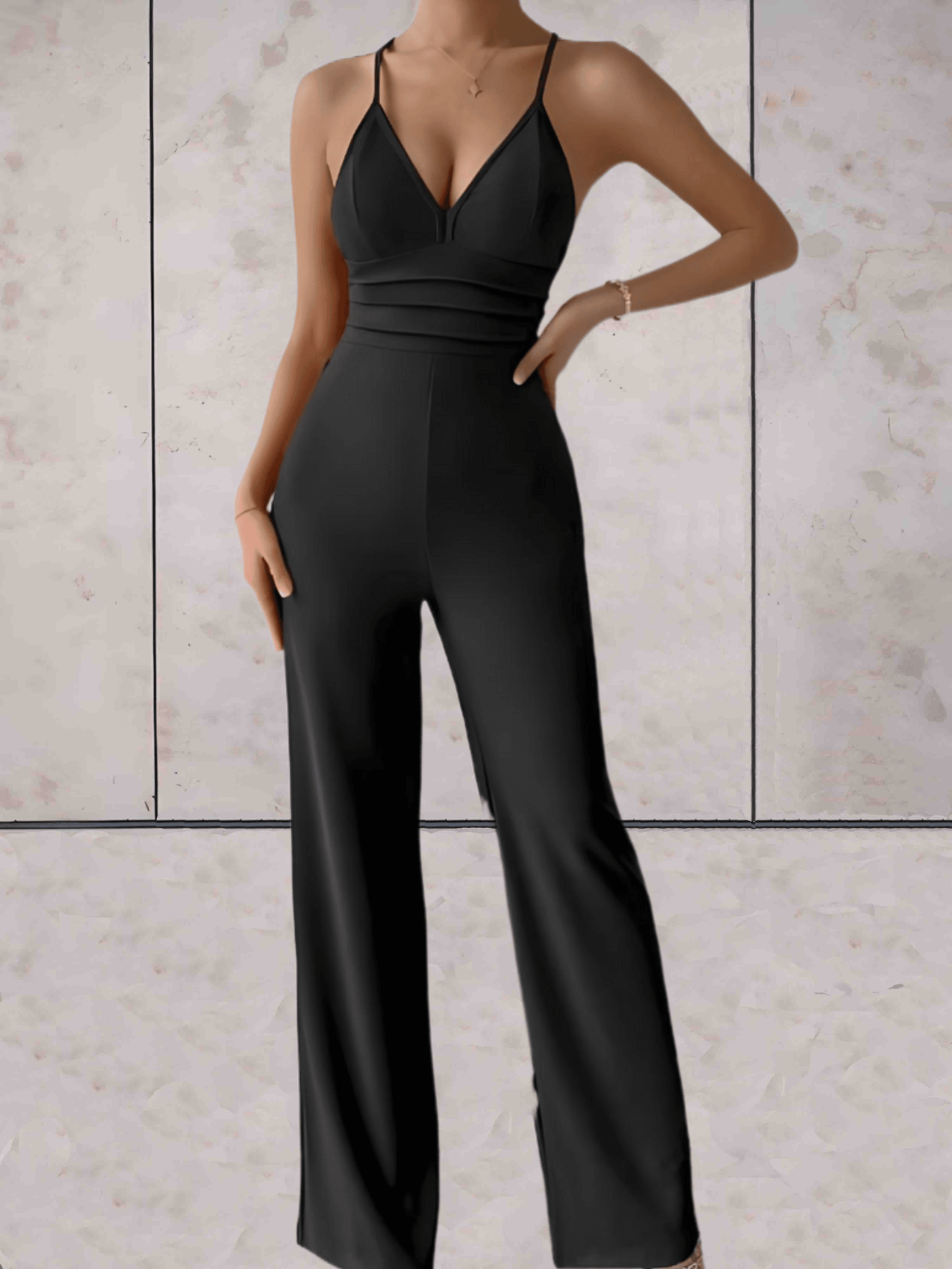 Camille - Eleganter und schicker Jumpsuit, V-Ausschnitt, ärmellos, Rückenfreies Design mit weitem Bein