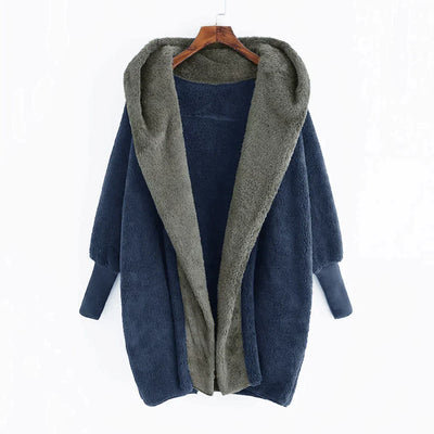 Charlottes - Plüschiger Damen Cardigan-Mantel Aus Farbiger Wollmischung Mit Kapuze Und Lockerer Passform