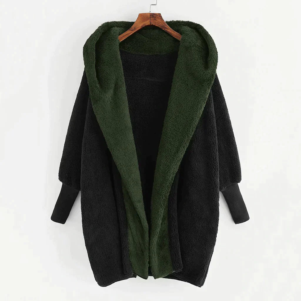 Charlottes - Plüschiger Damen Cardigan-Mantel Aus Farbiger Wollmischung Mit Kapuze Und Lockerer Passform