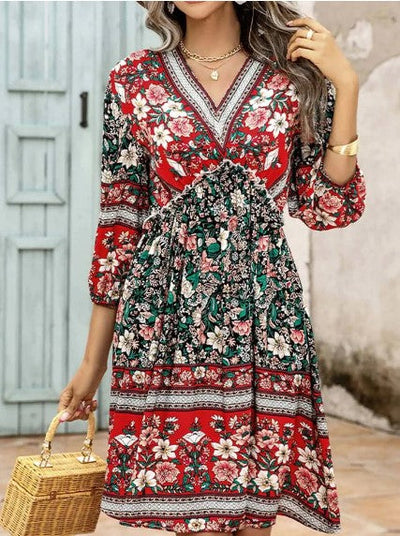 Amelia – kurzärmliges bedrucktes boho-kleid für damen