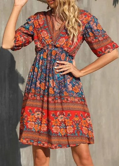 Amelia – kurzärmliges bedrucktes boho-kleid für damen