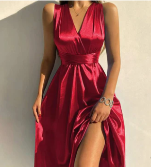 Ella – mintrotes, schlichtes, ärmelloses maxikleid aus satin