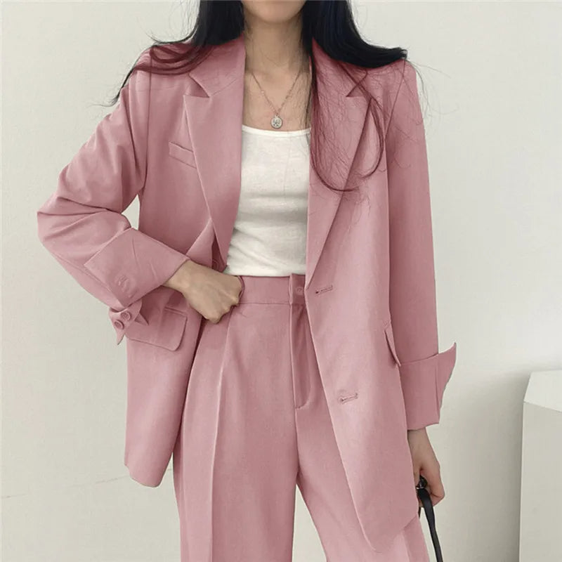 Einfarbiges Blazer- und Gerade geschnittenes Hose-Set für Damen