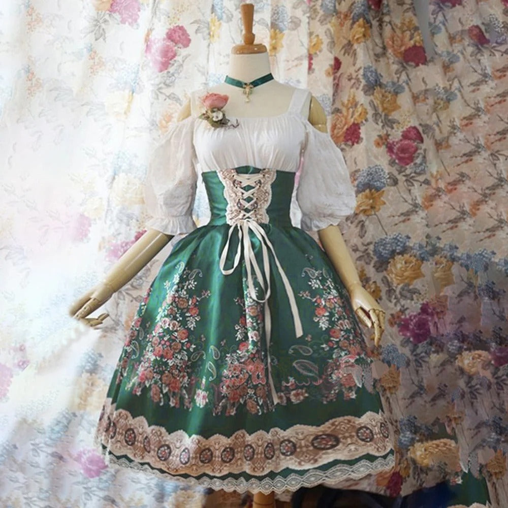 Florales dirndl mit schürze und blumendekoration zum oktoberfest - sybil